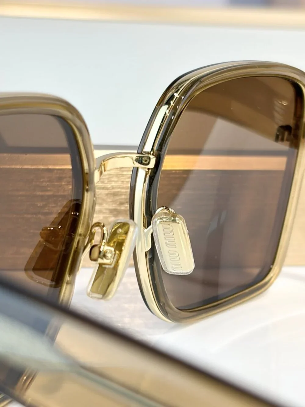 Miu Miu Oversized Square Sunglasses Brown Lenses Gold Olive Frame Women’s
